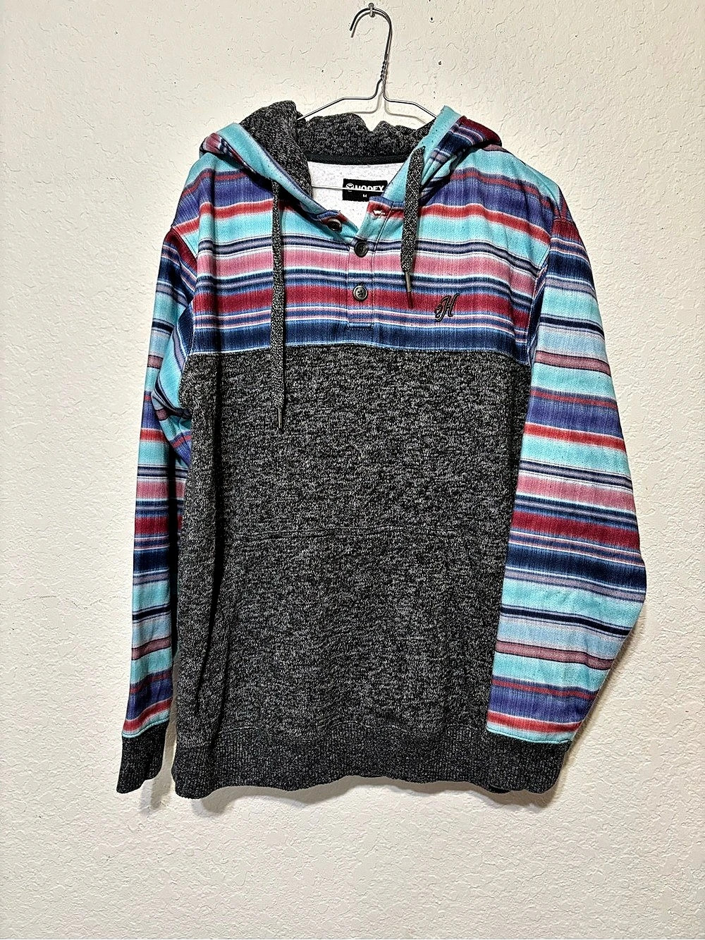 HOOEY Jimmy Hoodie Aztec Southwestern Striped Pullover Blue & Gray Medium